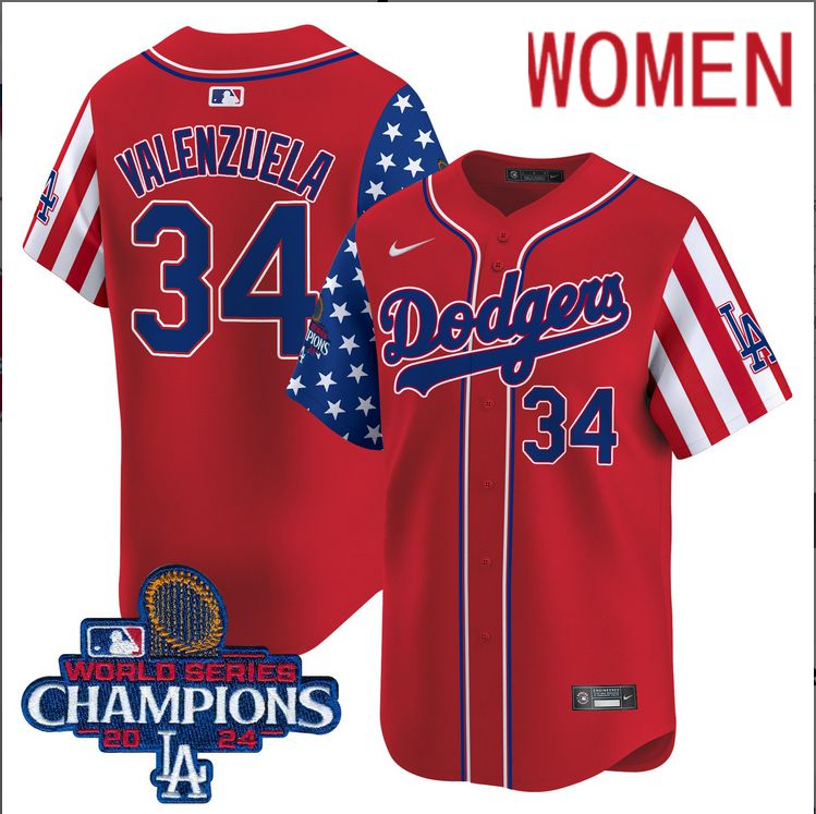 Women  MLB Los Angeles Dodgers #34 Valenzuela American Style red 2024 World Series Champions  Limited Jersey->women mlb jersey->Women Jersey